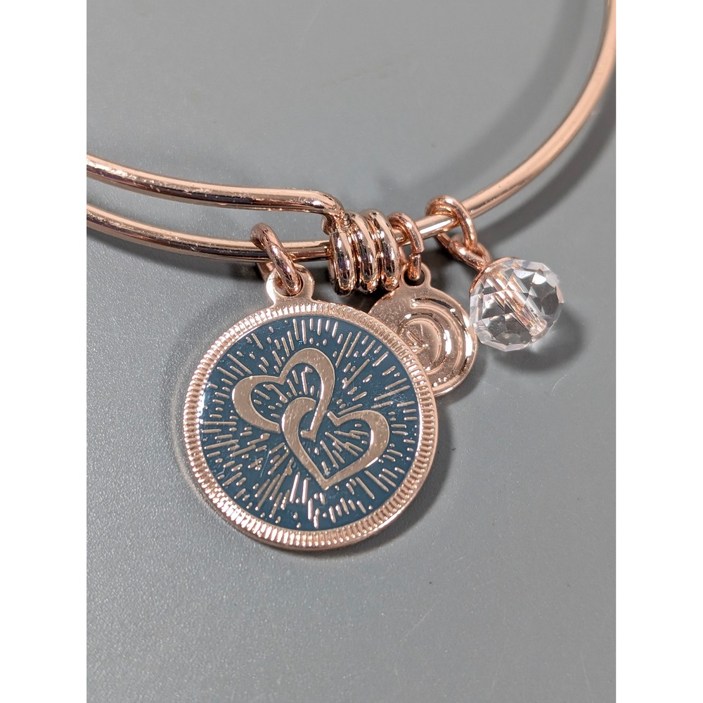 Love This Life Mother Daughter Rose‎ Gold Charm Bangle Bracelet Double Hearts